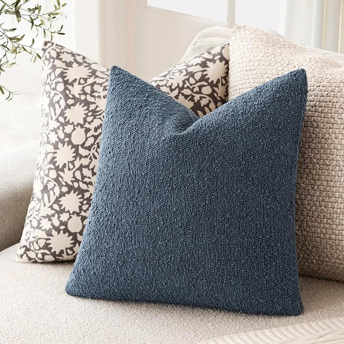 Foindtower Pack of 2, Decorative Textured Boucle Throw Pillow Covers Accent Solid Pillow Cases Cozy Soft Couch Cushion Case for Chair Sofa Bedroom Living Room Home Decor 22x22 Inch Dark Blue