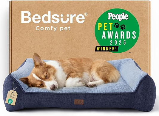 Bedsure SupportMax™ Orthopedic Dog Bed Medium Size Dog - Extra Thick Supportive Medium Dogs Beds with Waterproof Washable Cover, Comfort Pet Bed Sofa with Soft Sherpa and Nonskid Bottom, Blue, 35"