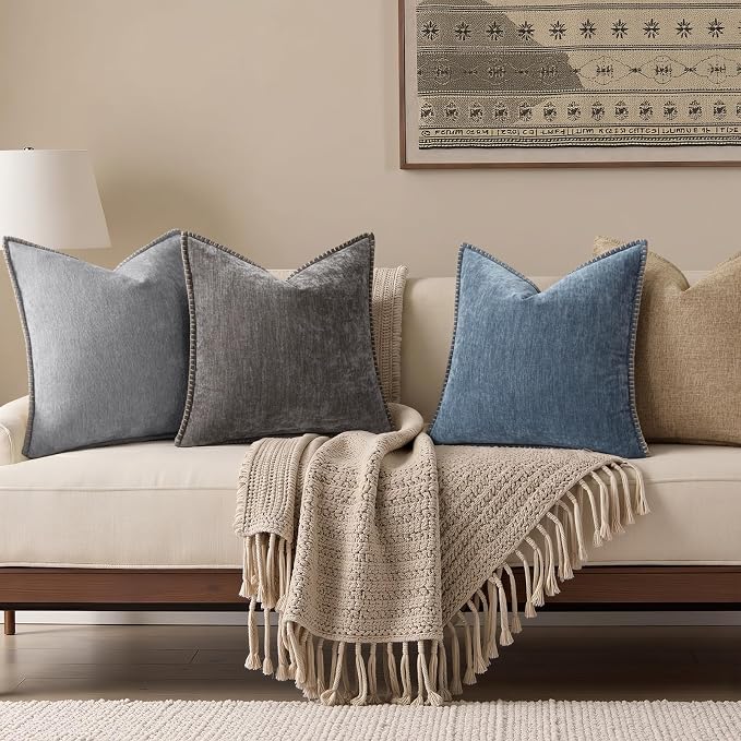 decorUhome Soft Chenille Throw Pillow Covers 26x26 Set of 2 Haze Blue | Fall Textured Decorative Throw Pillow Cases Stitched Edge Modern Farmhouse Luxury Boho Velvet for Couch Sofa Bed Home Decor