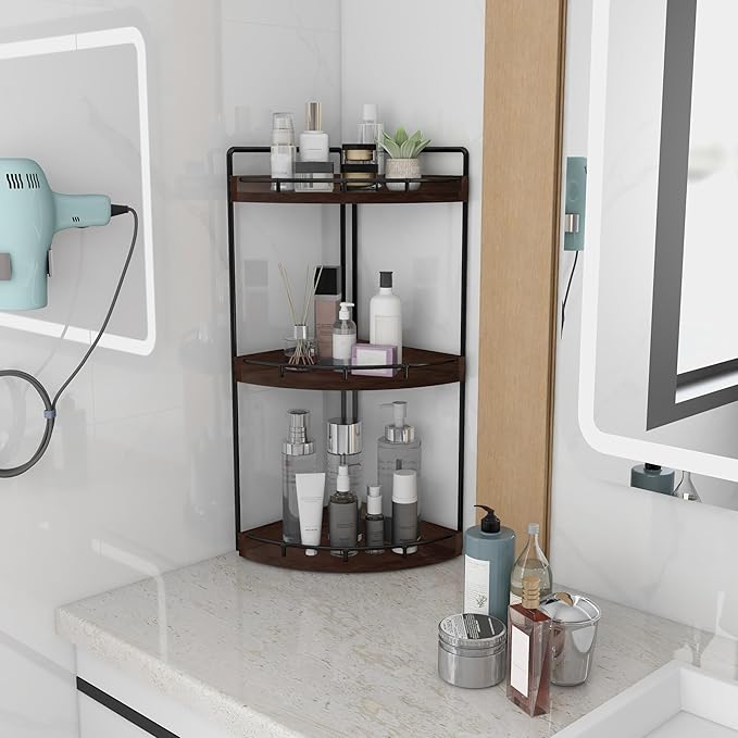 Dorhors 3-Tier Corner Bathroom Organizer Countertop for Storage,Vanity Tray,Wood Counter Organizer for Kitchen,Bathroom,Dresser (Walnut)