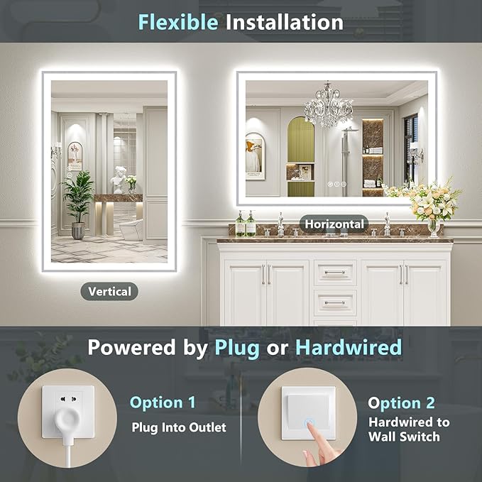 55x30 Brushed Nickel LED Bathroom Mirror with Lights, Sliver Framed Backlit and Front Lit Anti-Fog Lighted Vanity Mirrors for Bathroom Wall, Dimmable, 3 Colors, Memory, Tempered Glass, CRI＞90