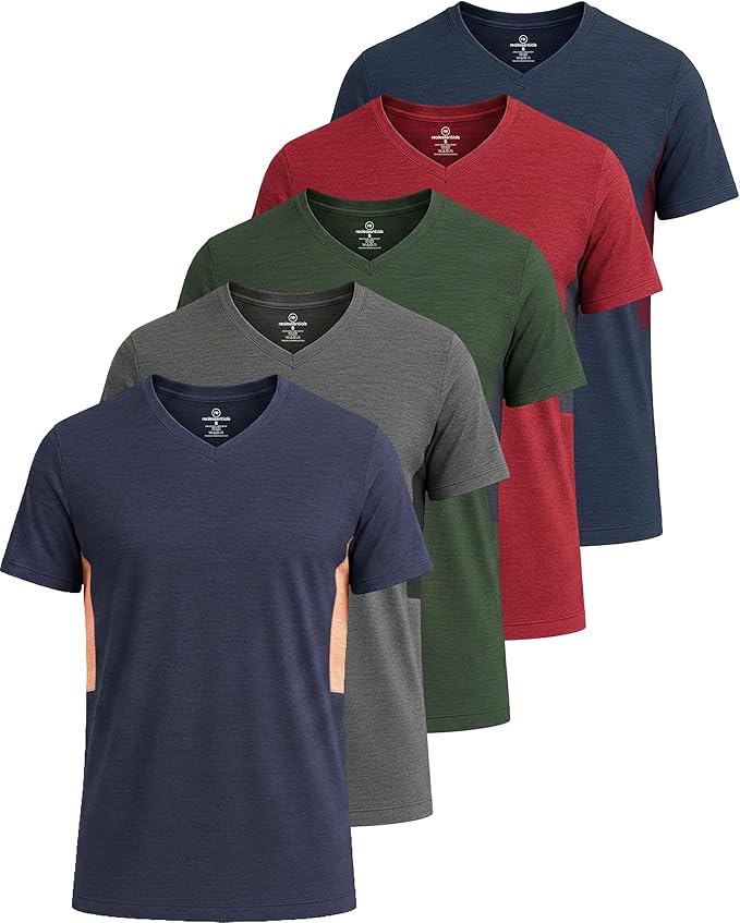 5 Pack Men's Dry Fit V Neck Gym Workout T Shirts Athletic Moisture Wicking | Cooling, Quick Dry, Breathable, Short Sleeve, Exercise, Cycling, Sports, Outdoor, Fitness, Golf, Crossfit, Hiking, Tennis