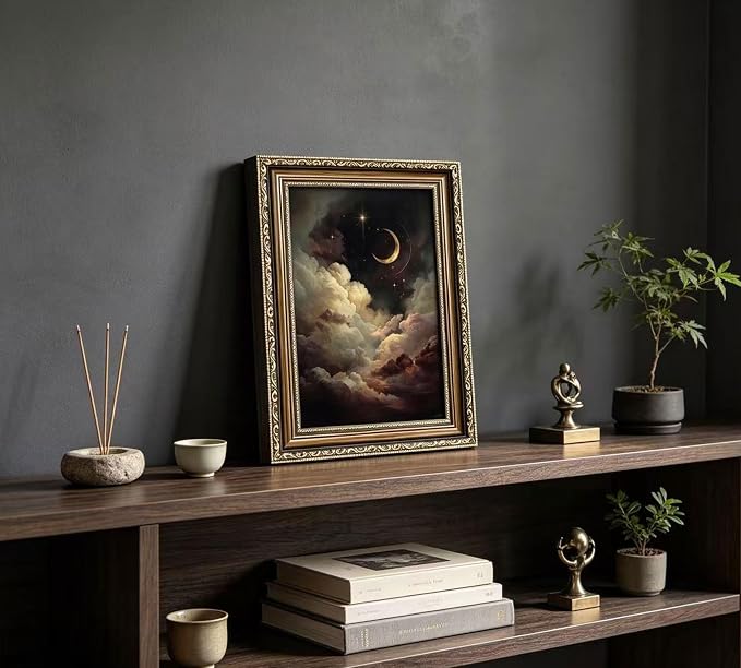 Vintage Gold Framed Crescent Moon Cloud Wall Art, Dark Academia Celestial Starry Sky Oil Painting Print, Antique Ornate Mystical Night Sky Wall Decor, Gothic Cottagecore Home Decor, 9x11in