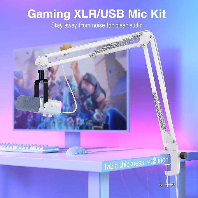 FIFINE AmpliGame AM8TW Gaming XLR/USB Microphone Kit Streaming Dynamic Mic | Computer Mic with Controllable RGB, Headphones Jack, Gain Knob, Arm Stand, for Vocal Podcast Recording Voiceover, White