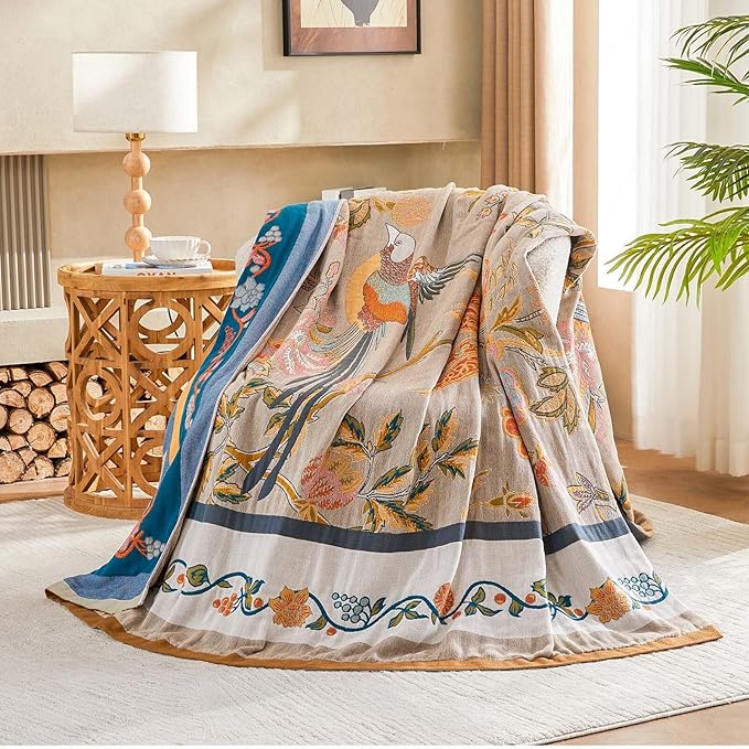 XIBLC Boho Blanket, 100% Cotton Farmhouse Decorative Throw Blanket, 50"x60" Reversible Bohemian Throw Blanket, Brown All Season Muslin Breathable Woven Blankets Quilt