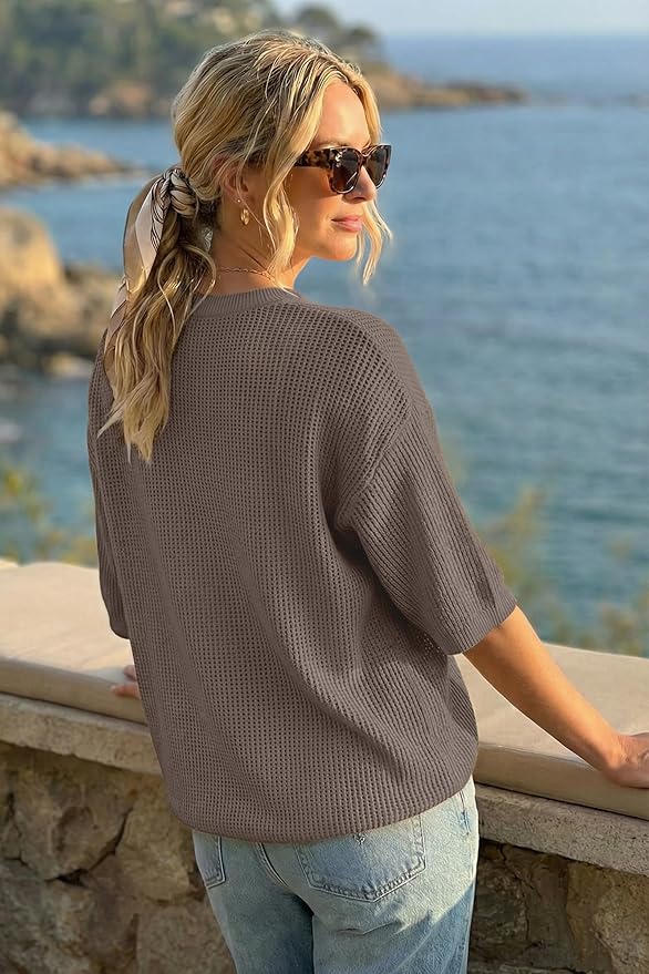 Arach&Cloz Womens Summer 100% Cotton Oversized Crochet Tops 3/4 Length Sleeve Sweater Hollow Out Casual Blouses 2026