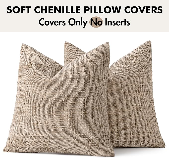 MIULEE Chenille Textured Throw Pillow Covers Oatmeal 20x20 Set of 2 | Slubby Decorative Pillows, Boho Farmhouse Home Decor, Modern Neutral Cushion Covers for Couch Sofa Bed Living Room