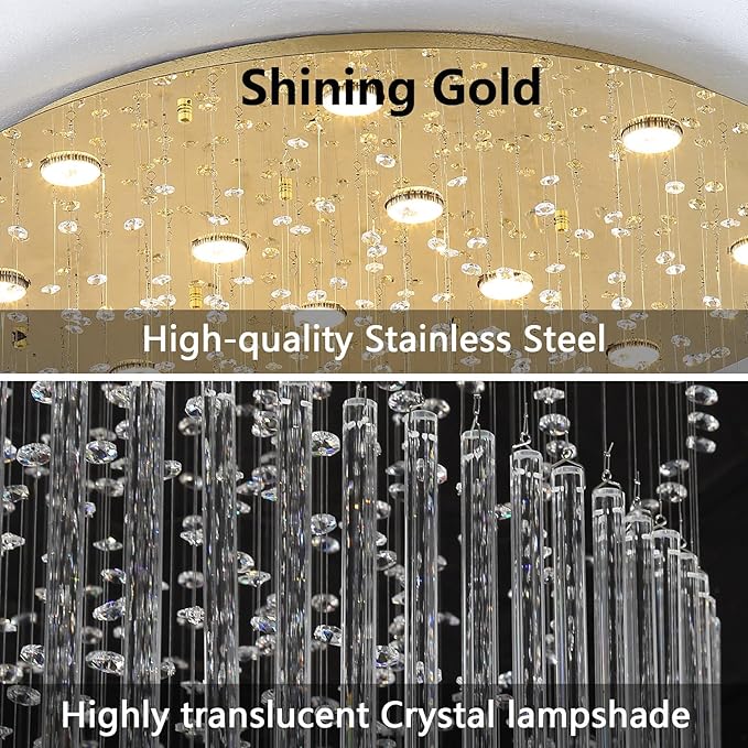 W47 x H120 Crystal LED Chandelier with Light Bulbs Luxury Raindrop High Ceiling Chandeliers for Entryway Villa Staircase Foyer Living Room Lighting Fixtures Gold
