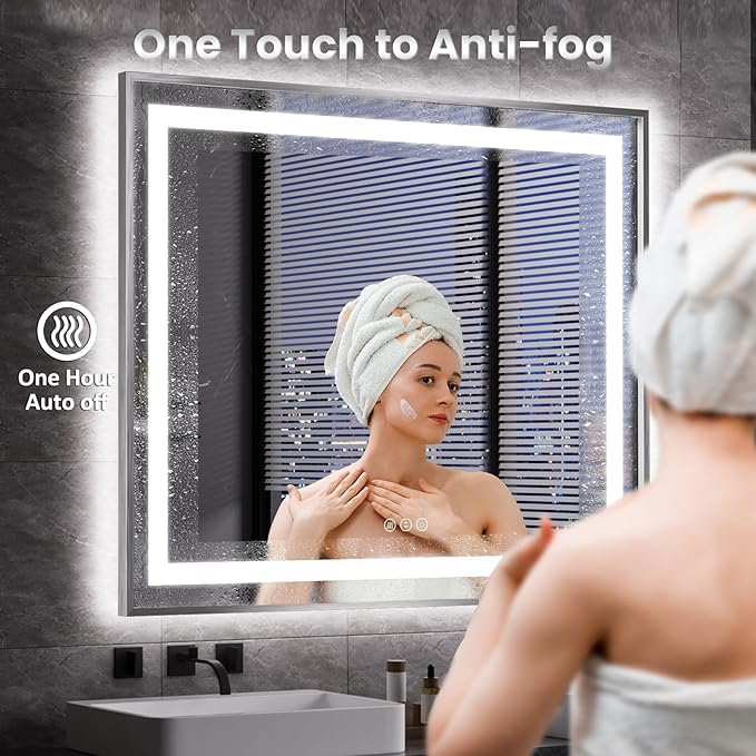 Amorho LED Bathroom Mirror, 48"X36" Brushed Nickel Framed Mirror with Front Light and Backlit, Stepless Dimmable, Anti-Fog, Shatter-Proof, Memory, 3 Colors