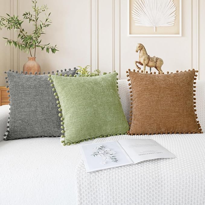 CaliTime Decorative Couch Throw Pillow Covers 16 X 16 Inches Sage | Pack of 2, Cozy Chenille Cushion Cases, with Pom Poms for Sofa Bed Living Room Farmhouse Home