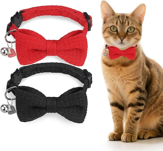 Cat Collar Breakaway with Bells, Soft Cotton Red Cat Bowtie Collar for Girl Cats, Small Cats Collar with Bow for Spring Summer, 2 Pack Cute Kitten Collars with Removable Bowtie 8-12Inch