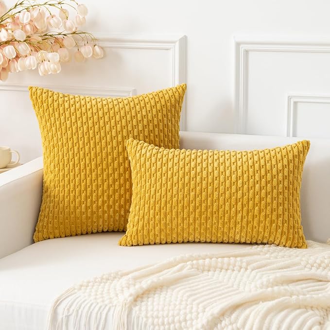 Kevin Textile Soft Corduroy 14"x22" Pillow Cover 1 Pack, Mustard Yellow | Boho Stripe Plush Corduroy Decorative Oblong Cushion Cover Modern Farmhouse Home Decor for Sofa Couch Bed Chair