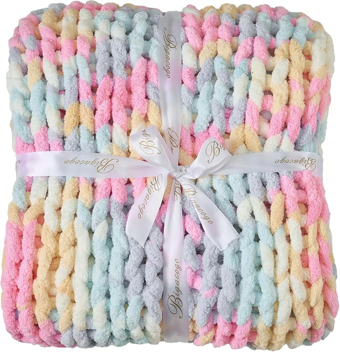 Bigacogo Chunky Knit Throw Blanket for Couch, 40x40 inches, PastelDreamMix | Hand Knit with Jumbo Chenille, Soft Breathable Cable Knit for Sofa Bed Living Room, Machine Washable, Gift for Mom Friend