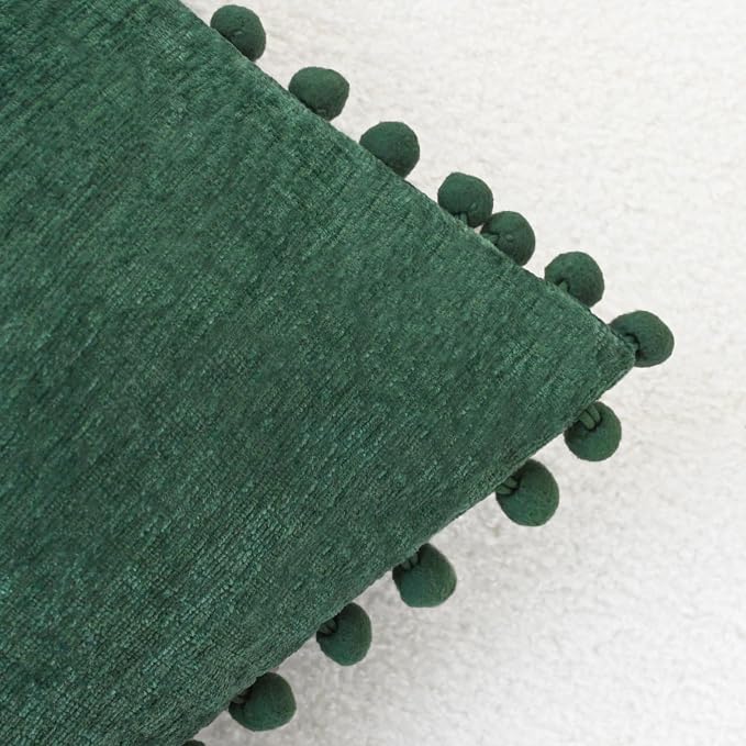 CaliTime Decorative Couch Throw Pillow Covers 20 X 20 Inches Dark Green | Pack of 2, Cozy Chenille Cushion Cases, with Pom Poms for Sofa Bed Living Room Farmhouse Home