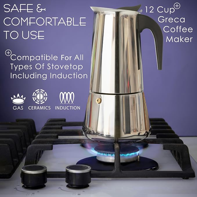 Mixpresso 12 Cup Greca Moka Pot, Stainless Steel Stovetop Espresso Maker | 600ml/20oz Italian stovetop coffee maker with classic percolator design, ideal for preparing coffee at home or while camping