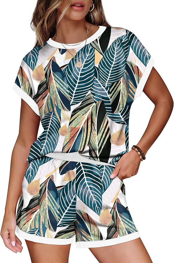 WIHOLL Two Piece Sets for Women Summer Lounge Short Sets Cap Sleeve Crew Neck Sweatsuit with Pocket XS-2XL