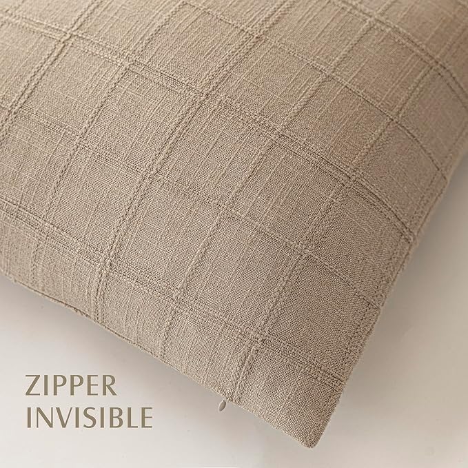 Foindtower Set of 2 Decorative Linen Check Throw Pillow Covers Neutral Farmhouse Vintage Cushion Covers Modern Coastal Boho Home Decor for Sofa Chair Couch Bedroom Living Room,18×18 Inch,Camel