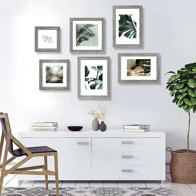 Hongkee 10x10 Picture Frame Set of 4, Made of Glass and Grey Wooden Frame - Display Picture 8x8 with Mat or 10 x 10 Without Mat, 10 by 10 Photo for Wall or Tabletop