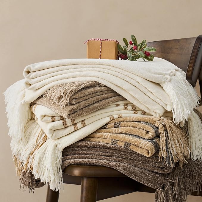 Chenille Knit Throw Blanket for Couch, 50"x60", Mocha Brown | Cozy Plush Fuzzy Knittd Throw with Tassels, Lightweight, Decorative, Farmhouse Decor, Ideal for Bed Sofa Gift, All Seasons