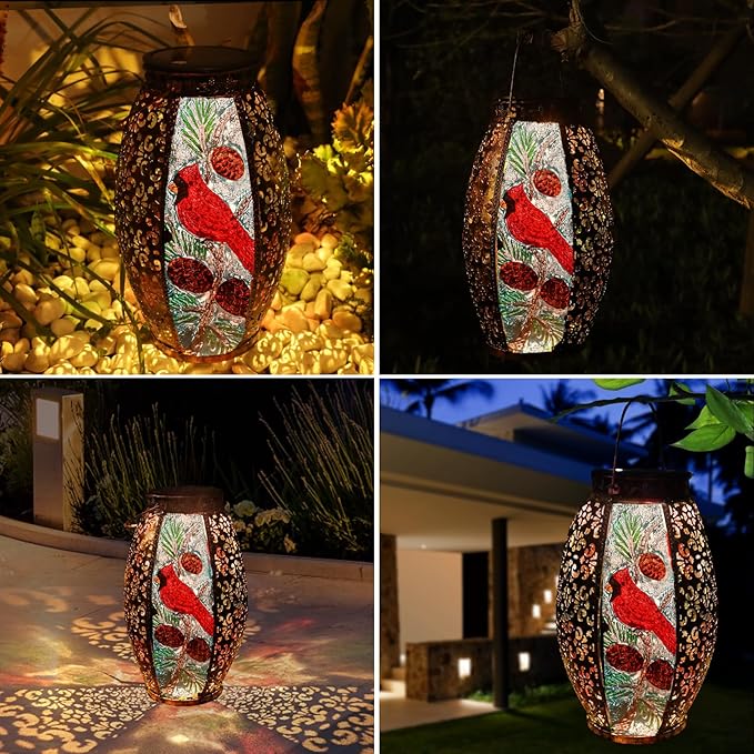 Larekook Cardinal Solar Lantern Outdoor Waterproof,13" Large Metal Hanging Christmas Decorative Lantern,Cardinals Solar Lights for Outside Yard Lawn Patio Garden Decor,Cardinal Gifts for Women Mom