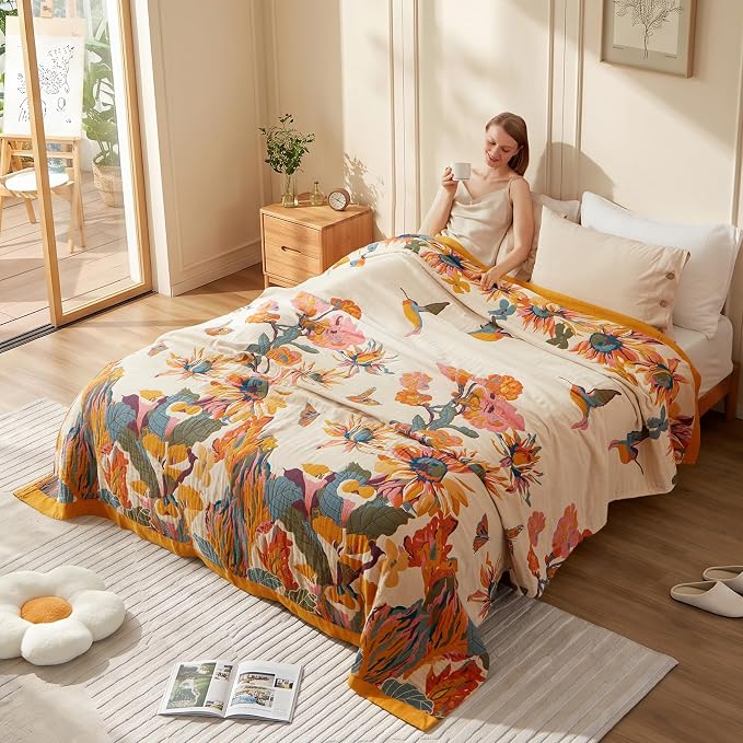 LUTBM Boho Throw Blanket for Bed 60"x80", 100% Cotton Couch Summer Blankets | Reversible Floral Butterfly Jacquard, All-Season Quilt, For Chair Sofa Living Room, Lightweight Breathable Gauze, Boho Decor