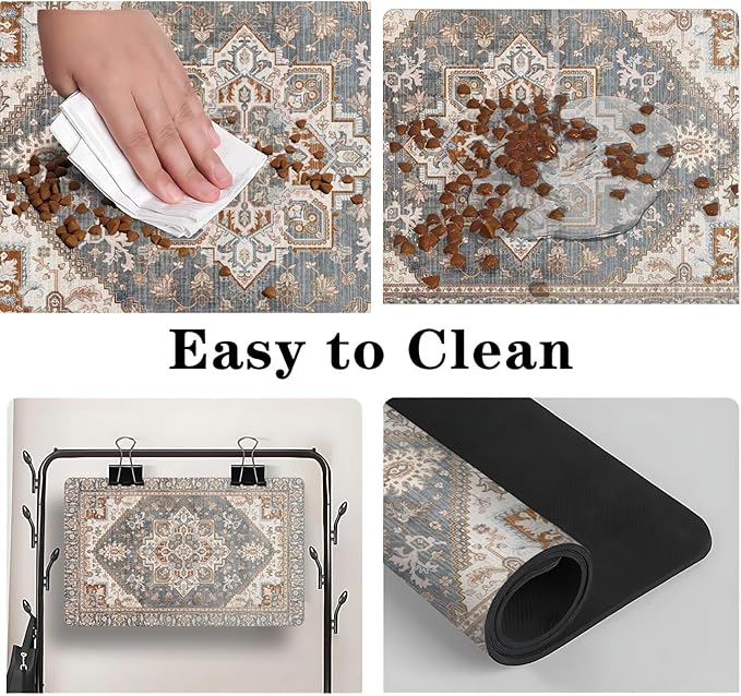 Dog Food Mats for Floors, Absorbent and Quick-Drying Pet Cat Food Mat,Anti-Fouling and Easy-to-Clean Pet Feeding Mat,Dog Bowl Mat for Messy Drinking Water Bowls.17 x32, Bohemia Style