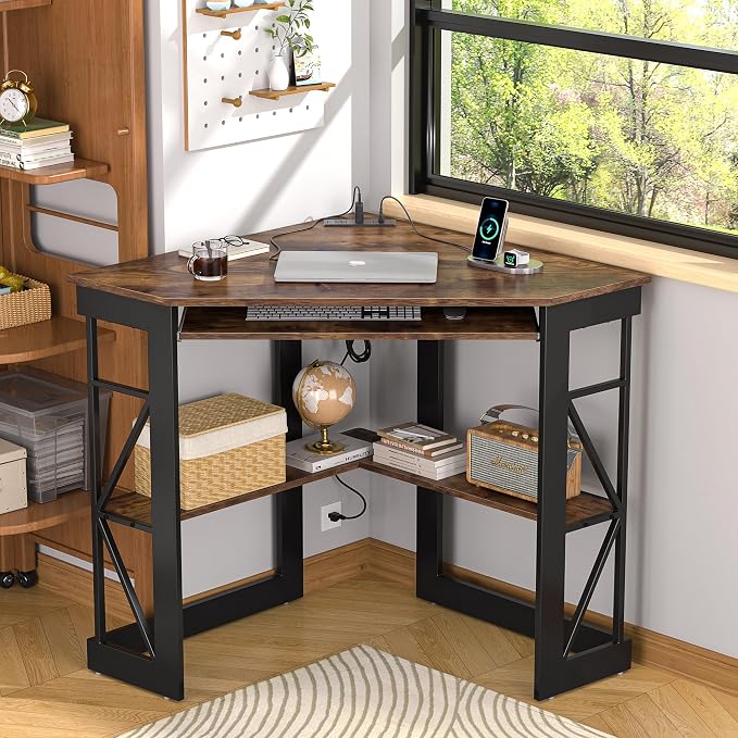 VECELO Corner Desk, Triangle Computer Desk for Small Space with Charging Station and Keyboard Tray, Corner Makeup Table with Storage Shelves for Home Office Bedroom, 41x30, Vintage Brown