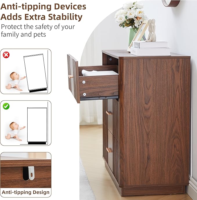 Fluted Dresser for Bedroom with 3 Drawers, 31.5" Wide Modern Chest of Drawers with Metal Handle, Large Storage Dresser, Wood Closet Clothes Storage Organizer for Nursery Living Room, Hallway, Walnut