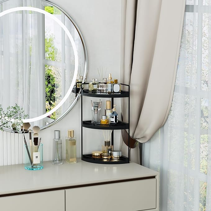 Corner Bathroom Counter Organizer, 3 Tier Bathroom Sink Shelf Countertop, Wood Vanity Skincare Storage for Toiletries Decor, Makeup, Dresser(Black)