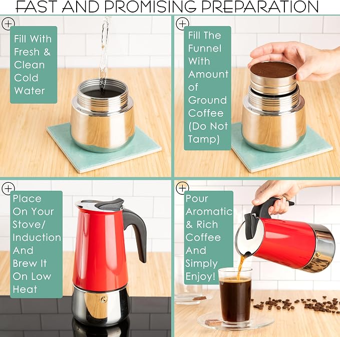 Mixpresso 6 Cup Greca Moka Pot Red Stainless Steel Stovetop Espresso Maker | 300ml/10oz Italian stovetop coffee maker with classic percolator design, ideal for preparing coffee at home or while camping