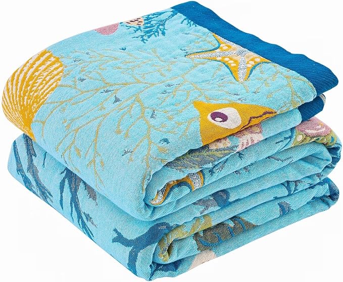 XIBLC Boho Throw Blanket 100% Cotton Vintage Blanket Muslin Woven Flower Decorative Throw Blankets All Season Bohemian Rustic Farmhouse Decor Quilt for Bed (Blue 60"x80")