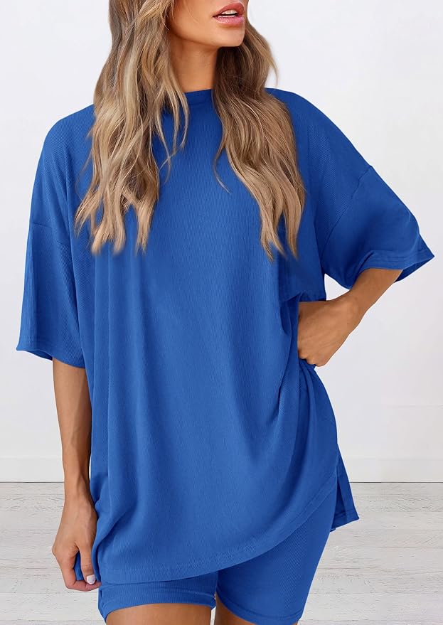 PRETTYGARDEN Women 2 Piece Lounge Set 2026 Summer Casual Oversized Shirts Biker Shorts Matching Airport Travel Outfit Clothes