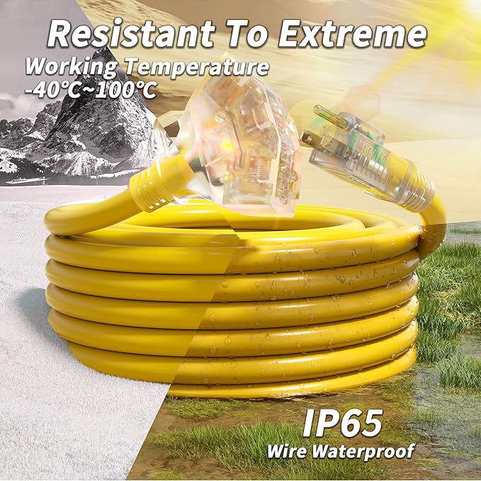 PlugSaf 100 FT 12/3 Gauge Outdoor Extension Cord with Multiple Outlets Light Indicator, Flexible 3 Outlet Weatherproof Heavy Duty Extension Cord Waterproof Yellow, 15A 1875W 12AWG SJTW, ETL Listed