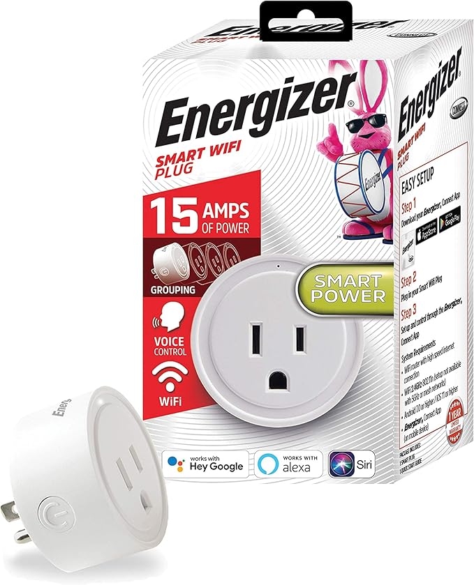 Energizer Connect Smart WiFi Plug, Mobile Connect App Enabled, Voice Controlled, Alexa, Echo, Siri, Hey Google Enabled, No Hub Required, Mini Outlet 15-Watt, 2.4GHz, ETL & FCC Certified