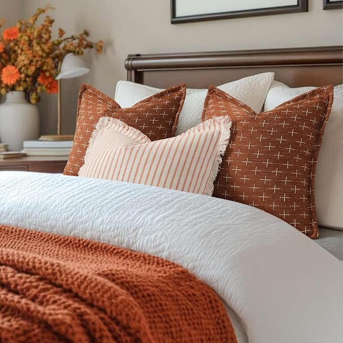 Fall Pillow Covers 22x22 Set of 2 Soft Polyester Textured Rust Pillow Covers with Stylish Flange Edge Cozy Farmhouse Throw Pillows for Couch Bed Sofa Living Room Fall Decor