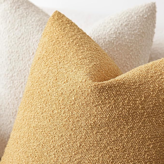 Foindtower Set of 2, Decorative Textured Boucle Throw Pillow Covers Accent Solid Pillow Cases Neutral Couch Cushion Case for Chair Sofa Bedroom Living Room Home Decor 24x24 Inch Light Yellow