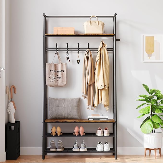 Coat Rack Hall Tree with Shoe Storage Bench, 4-in-1 Entryway Bench with 8 Hooks & 3-Tier Shoe Rack, Metal Frame for Entryway, Freestanding Coat Racks Storage for Hallway, Front Door