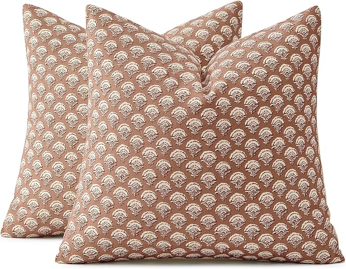 MIULEE Floral Print Decorative Euro Pillow Covers 22x22, Almond | Vintage Boho Farmhouse Modern Home Decor, Set of 2, Block Print Cushion Covers for Couch Sofa Bed Living Room