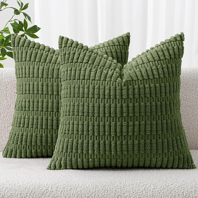 MIULEE Pack of 2 Spring Corduroy Decorative Throw Pillow Covers 18x18 Inch Soft Boho Striped Pillow Covers Modern Farmhouse Home Decor for Summer Sofa Living Room Couch Bed Moss Green