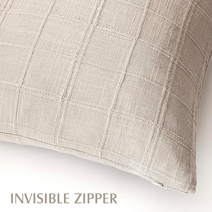 Foindtower Set of 2 Decorative Linen Check Throw Pillow Covers Neutral Long Body Lumbar Cushion Covers Farmhouse Vintage Home Decor for Sofa Chair Couch Bedroom Living Room,14×36 Inch,Natural Linen