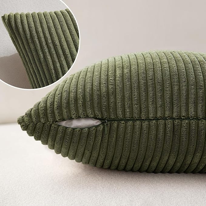 MIULEE Euro Corduroy Throw Pillow Covers Set of 2 24x24 Olive Green | Soft Striped Textured Cushion Cases, Boho Natural Greenery Pillowcases for Home Decor, for Couch Chair Sofa Bed Living Room