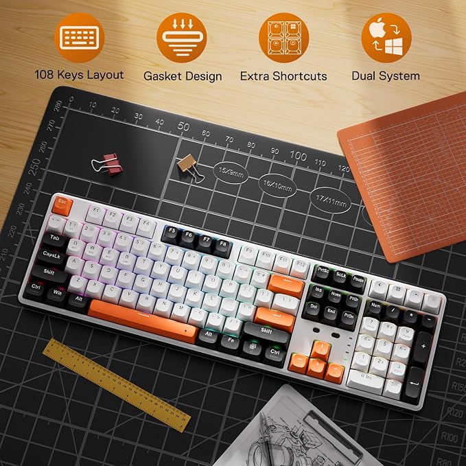 Redragon K689 PRO Wireless 108-Key Gasket RGB Gaming Keyboard, 4 Hotkeys | Extra Shortcut Keys, 0-Delay Tri-Mode, Cushioned Noise Dampening for Creamy Thocky Sound, Unfaded PBT Keycaps, PRO Software