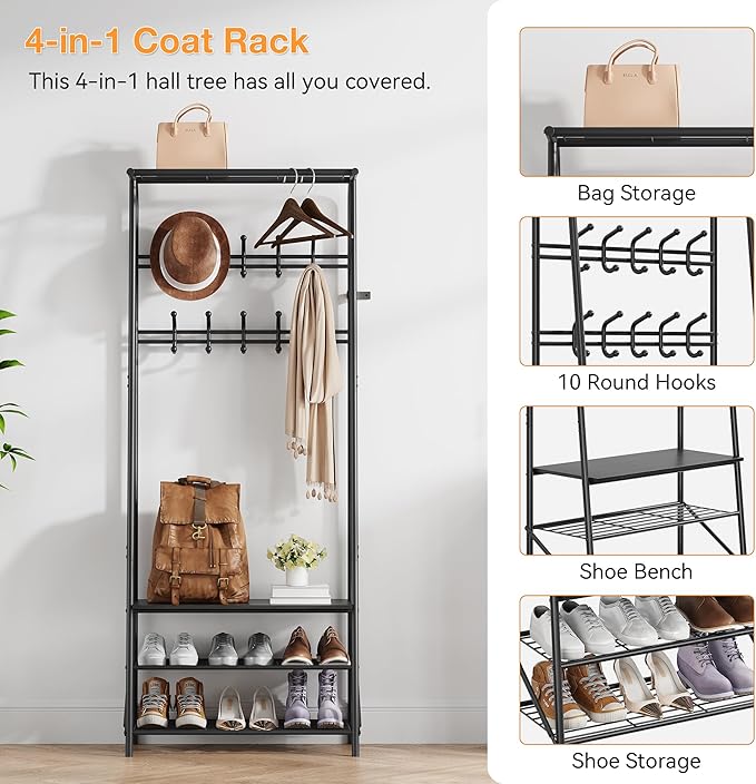 Coat Rack Hall Tree with Shoe Storage Bench, 4-in-1 Entryway Organizer, 10 Hooks & 3-Tier Shoe Rack, Freestanding Metal Frame for Hallway, Front Door