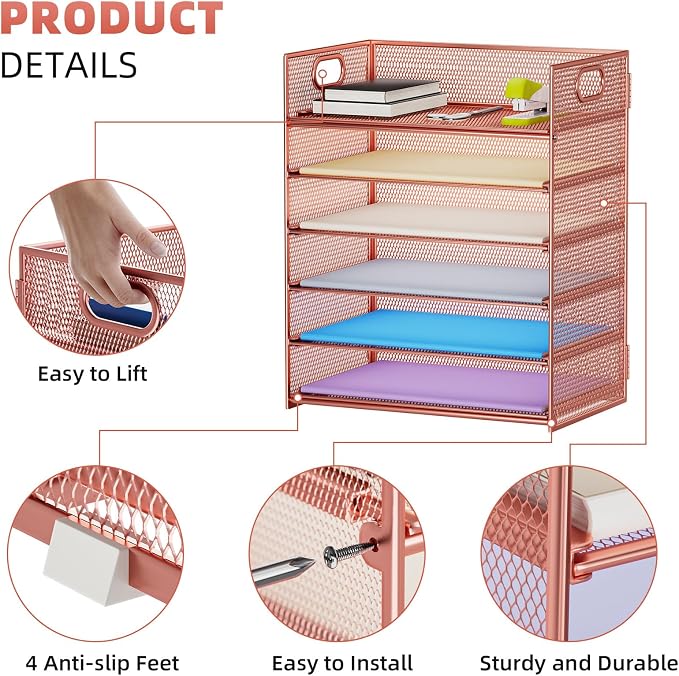 Marbrasse 2 Pack Desk Organizer with Handle, 6 Tier Paper Letter Tray, Mesh Desk File Organizer for Office, School and Home - Rose Gold