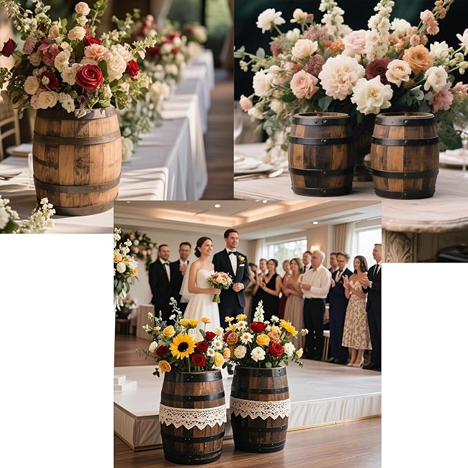 2 Pcs Wood Wine Barrel Vase 6" x 5" – Rustic Wooden Flower Vase Planter for Wedding Reception, Home Indoor Outdoor Garden, Kitchen, Party Table Decoration