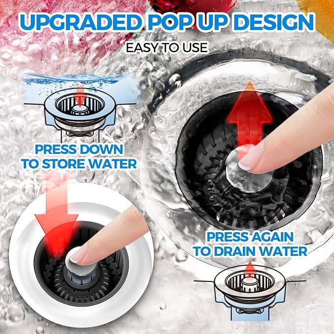 3 in 1 Kitchen Sink Drain Strainer Stopper Removable Basket Pop-Up | Kitchen Sink Accessories 3 Pack Black Stainless - Food Catcher, Odor-Blocking Seal, Fits 3.5" Drain, Easy Clean