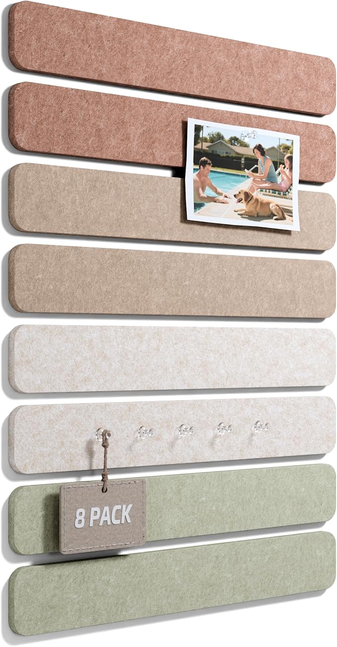 Fluxynara 13" x 2" Felt Wall Panels, Boho | 8-Pack Includes 50 Push Pins and Adhesive Tabs for Photos, Notes and Decor in Bedroom Doors, Home Office or Studios