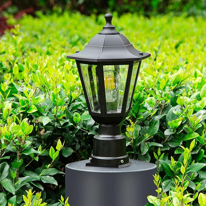 FUDESY Outdoor Post Light, Exterior Lamp Post Light Fixture with Pier Mount Base, Waterproof Pole Lantern Lighting with E26 Socket, Matte Black Plastic Lamp for Garden Patio Pathway(Bulb Included)
