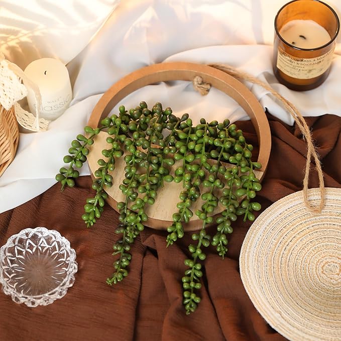 2pcs Artificial Succulents Hanging Plants 12.2'' Fake String of Pearls in Pot with 8.3'' Lanyard for Indoor Outdoor Wall Decor（Wood Color）.
