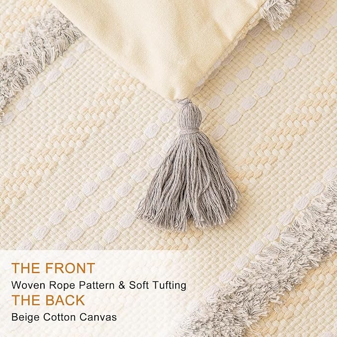 BUIOVBEY Boho Throw Pillow Covers Woven Tufted Pillow Cases with Tassels | Farmhouse Pillow Covers 18x18 Set of 2 Textured Striped Cushion Case Neutral Decorative Pillowcase for Sofa Couch Light Grey